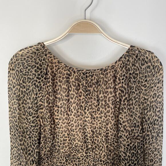 J. Crew Elena Long Sleeve Mini Dress in Brown Leopard Crinkle Chiffon CF793 - Picture 9 of 13